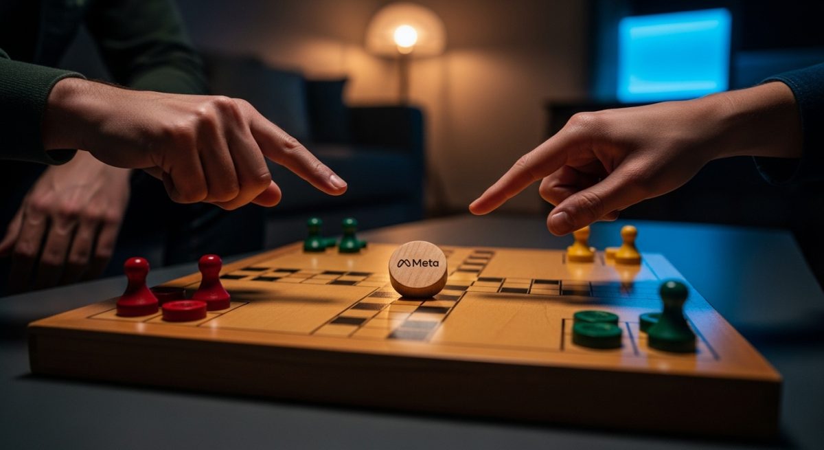 Manos sobre tablero de Ludo con pieza y logo de Meta