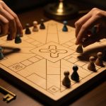 Manos sobre un tablero de Parcheesi minimalista con piezas coloridas