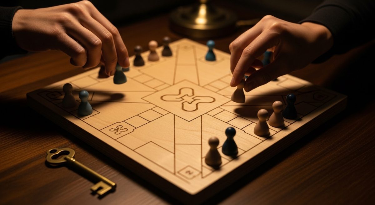 Manos sobre un tablero de Parcheesi minimalista con piezas coloridas