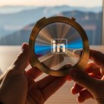 Manos sosteniendo brújula de latón con logo de LinkedIn grabado