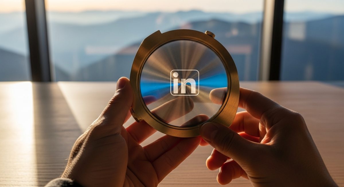Manos sosteniendo brújula de latón con logo de LinkedIn grabado
