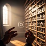 Manos sosteniendo placa de vidrio con logo de Instagram en biblioteca