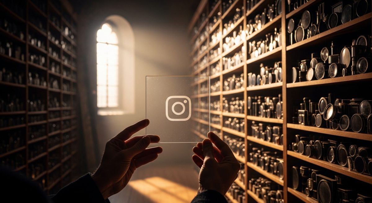 Manos sosteniendo placa de vidrio con logo de Instagram en biblioteca