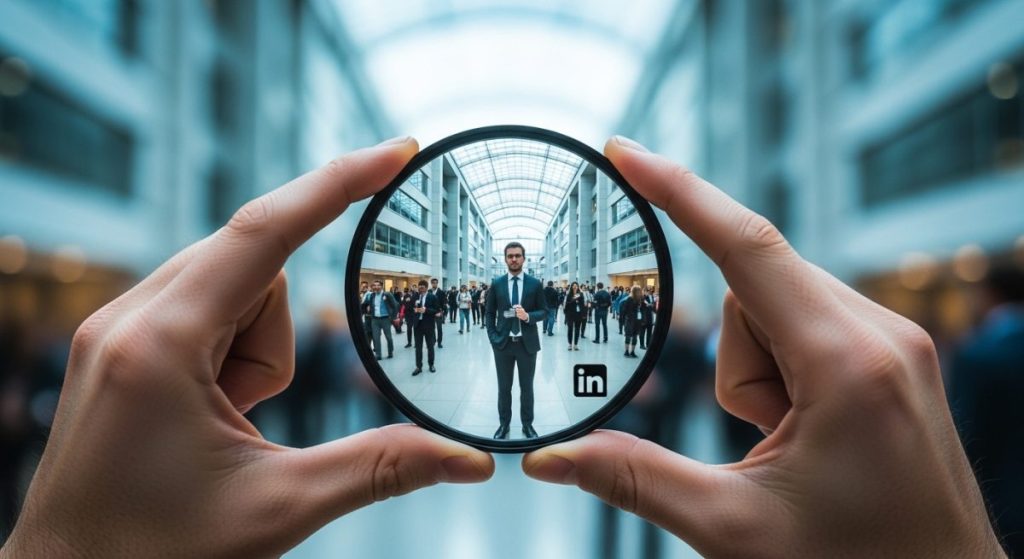 Manos sosteniendo un filtro de cristal con logo de LinkedIn