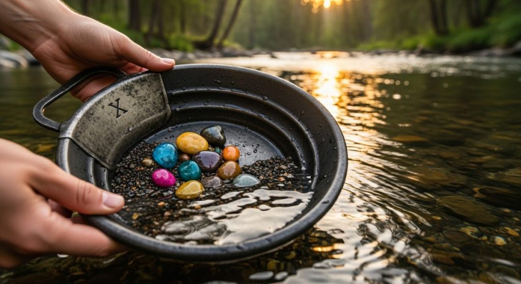 Manos sosteniendo un plato de panning con piedras coloridas