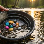 Manos sosteniendo un plato de panning con piedras coloridas