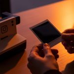 Manos sosteniendo una foto instantánea negra junto a cámara vintage