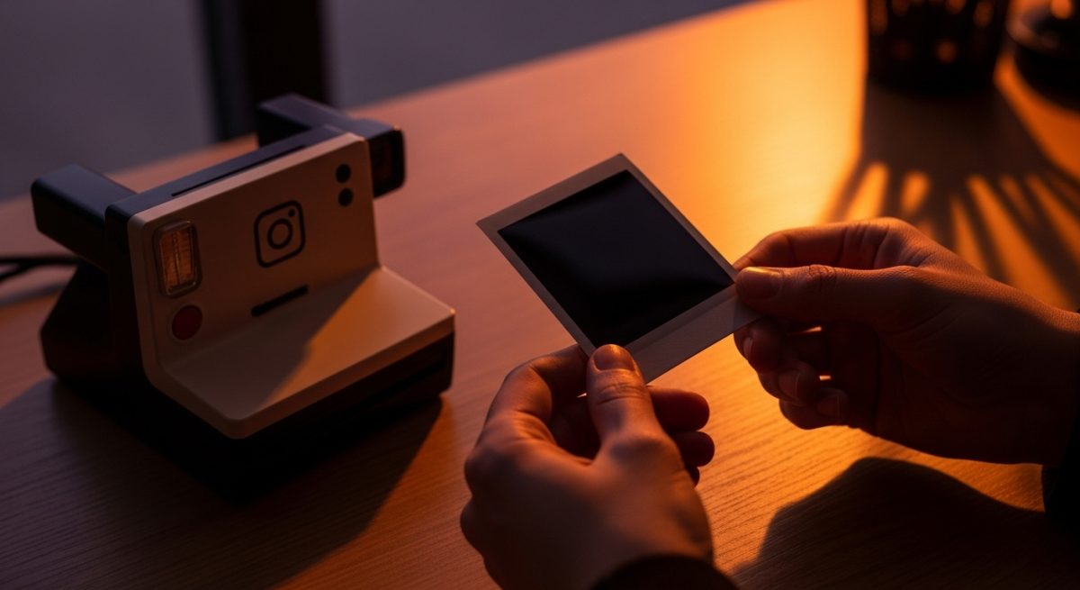 Manos sosteniendo una foto instantánea negra junto a cámara vintage