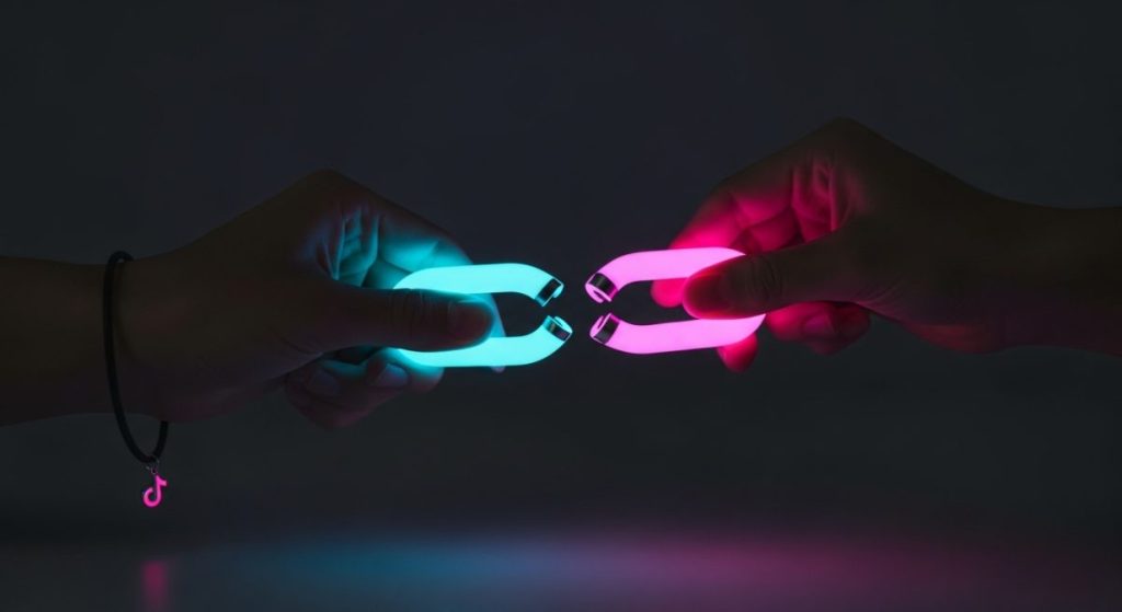 Manos uniendo un eslabón de cadena luminosa con pulsera TikTok