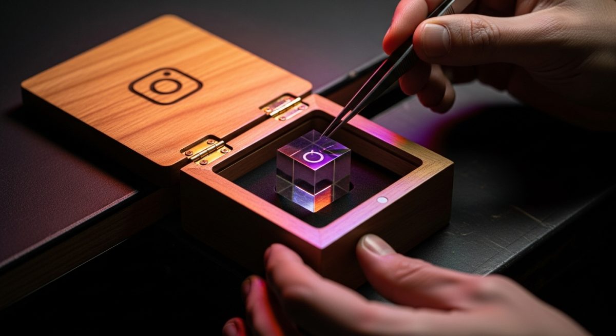 Manos usando pinzas para colocar cubo acrílico en caja elegante con logo de Instagram