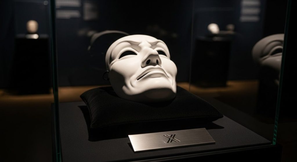 Máscara de teatro blanca con expresión sarcástica en vitrina