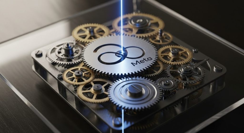 Mecanismo de reloj con engranajes de bronce y acero con logo Meta