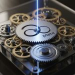 Mecanismo de reloj con engranajes de bronce y acero con logo Meta