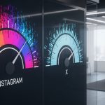 Medidor de datos gigante y colorido destacando Instagram y X