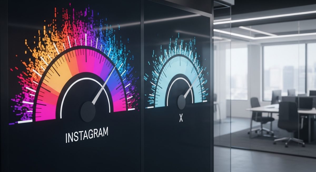 Medidor de datos gigante y colorido destacando Instagram y X