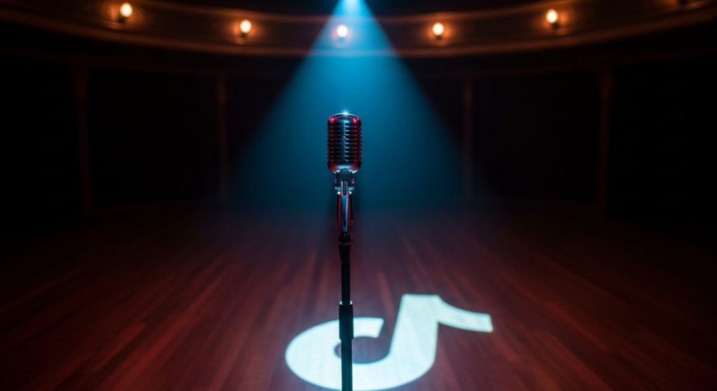 Micrófono vintage en escenario oscuro con logo de TikTok proyectado