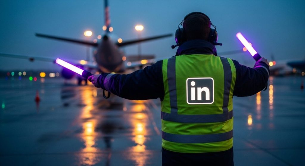 Miembro del equipo de tierra guiando avión con varitas moradas y logo de LinkedIn