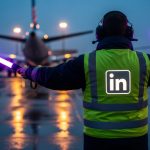 Miembro del equipo de tierra guiando avión con varitas moradas y logo de LinkedIn
