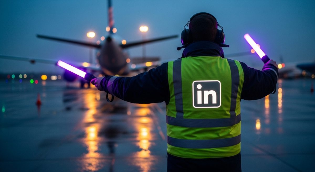 Miembro del equipo de tierra guiando avión con varitas moradas y logo de LinkedIn