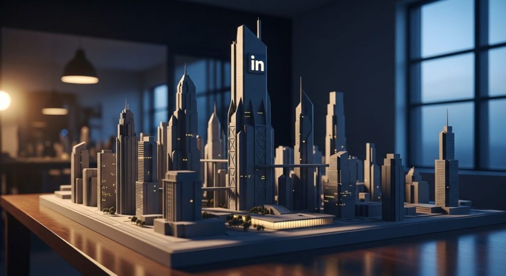Modelo arquitectónico de ciudad futurista con logo de LinkedIn