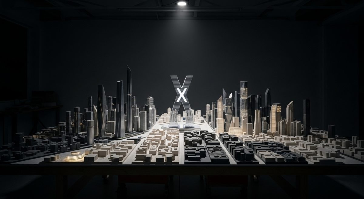 Modelo arquitectónico detallado de una ciudad futurista con torre X