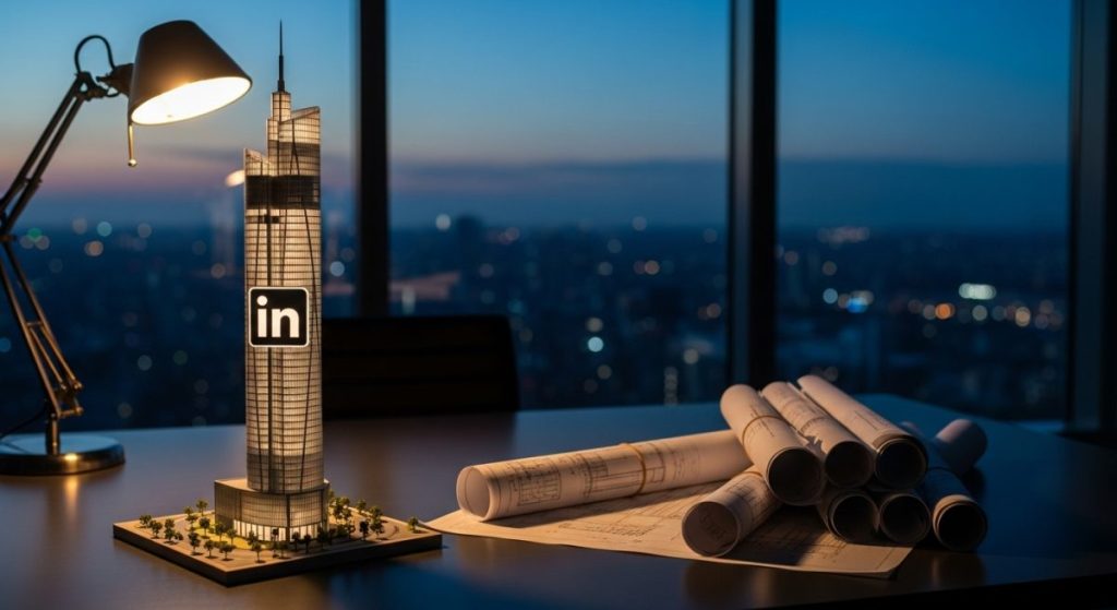 Modelo de rascacielos con logo LinkedIn y planos en escritorio arquitecto