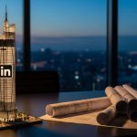 Modelo de rascacielos con logo LinkedIn y planos en escritorio arquitecto
