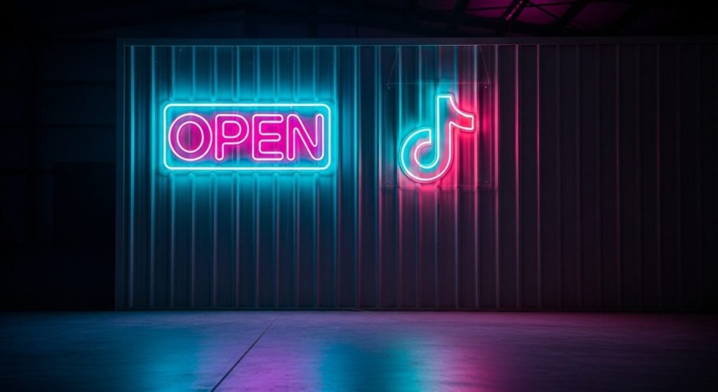 Neon OPEN y logo TikTok en fachada de tienda moderna