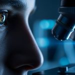 Ojo de científico observando por microscopio con logo minimalista X