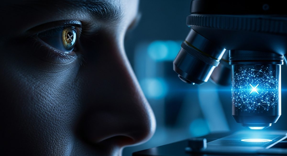 Ojo de científico observando por microscopio con logo minimalista X