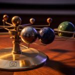 Orrery mecánico con planetas alineados sobre escritorio vintage oscuro