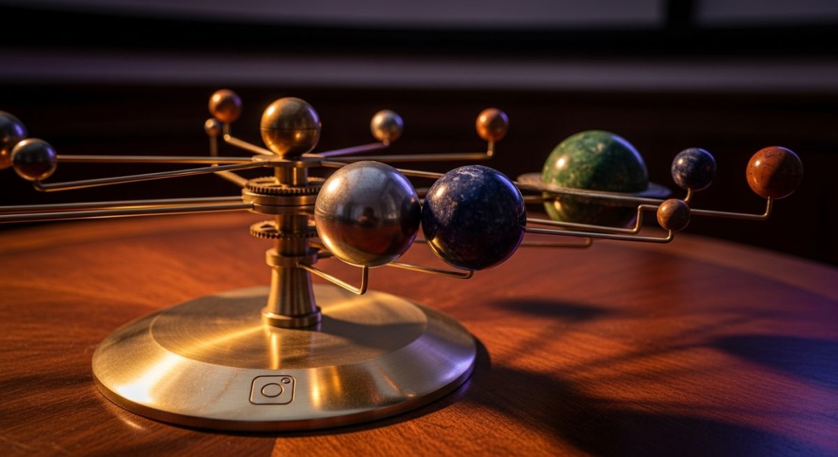 Orrery mecánico con planetas alineados sobre escritorio vintage oscuro