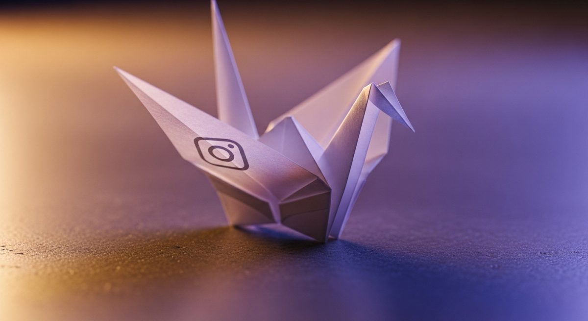 Pájaro de origami blanco con logo de Instagram en la ala