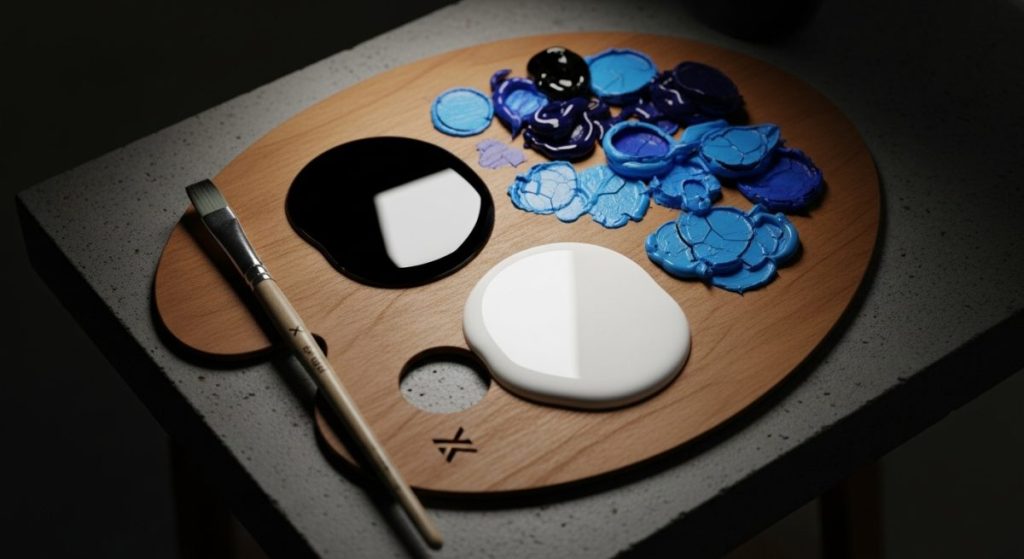 Paleta de artista de madera con pinturas negra y blanca brillante