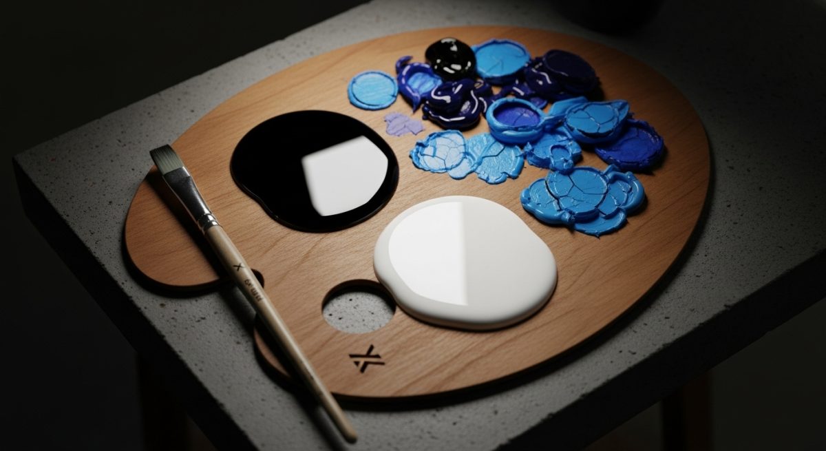 Paleta de artista de madera con pinturas negra y blanca brillante