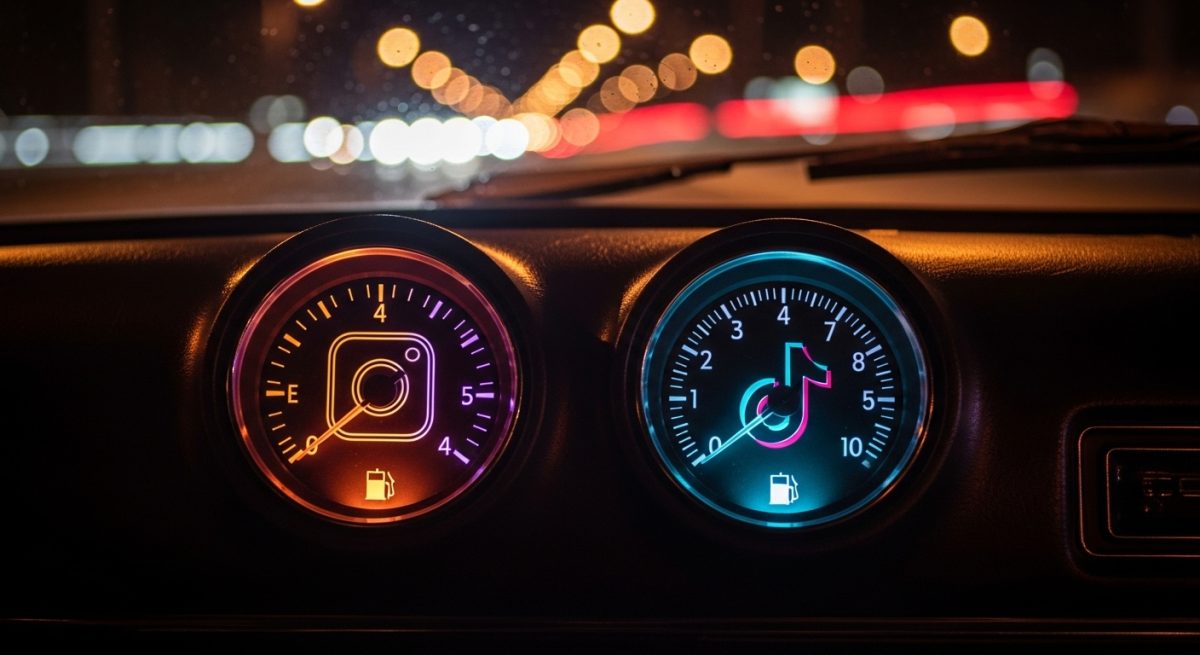 Panel de instrumentos de coche antiguo con medidores de Instagram y TikTok