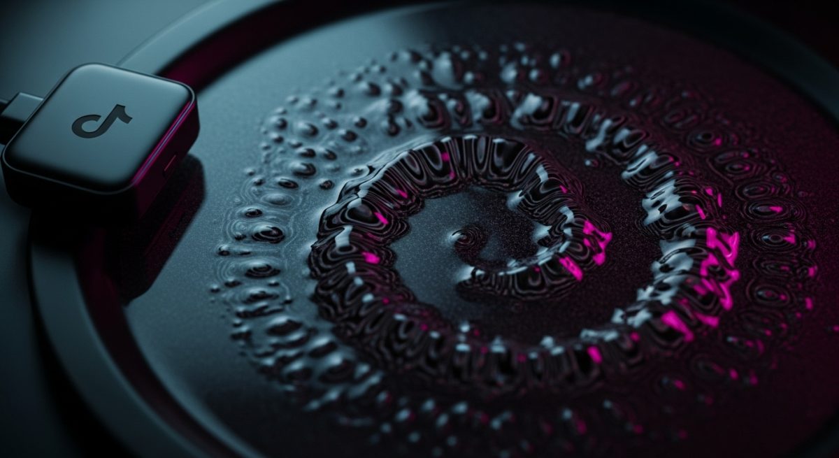 Patrones cymáticos en líquido oscuro con logo de TikTok visible