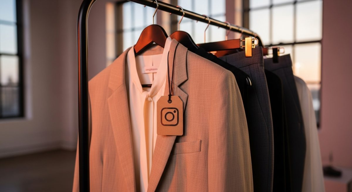 Perchero negro metálico con ropa minimalista y logo de Instagram
