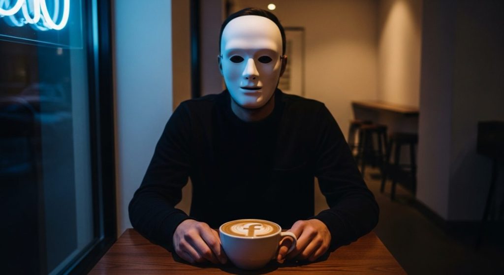 Persona con máscara blanca sentada en mesa de café con latte art