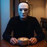 Persona con máscara blanca sentada en mesa de café con latte art