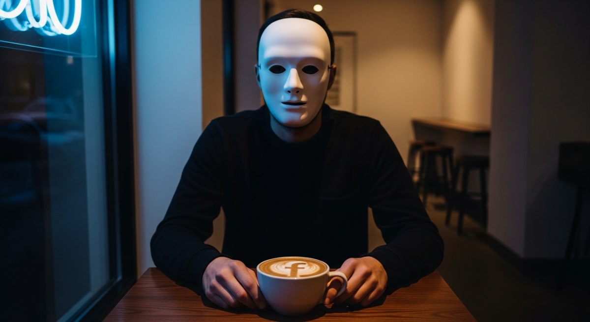 Persona con máscara blanca sentada en mesa de café con latte art