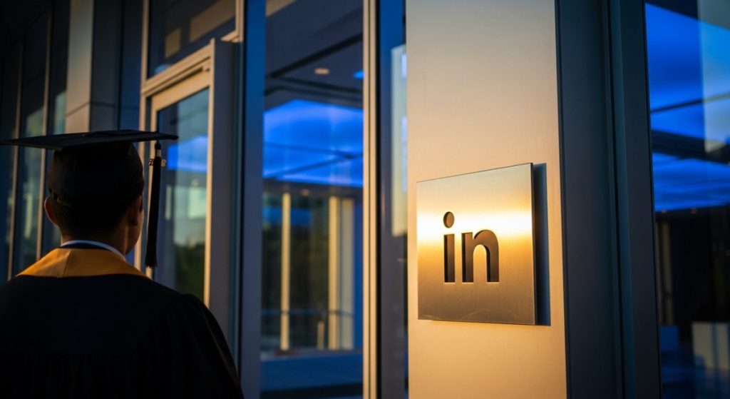 Persona de espaldas con gorro y toga de graduación junto a logo de LinkedIn