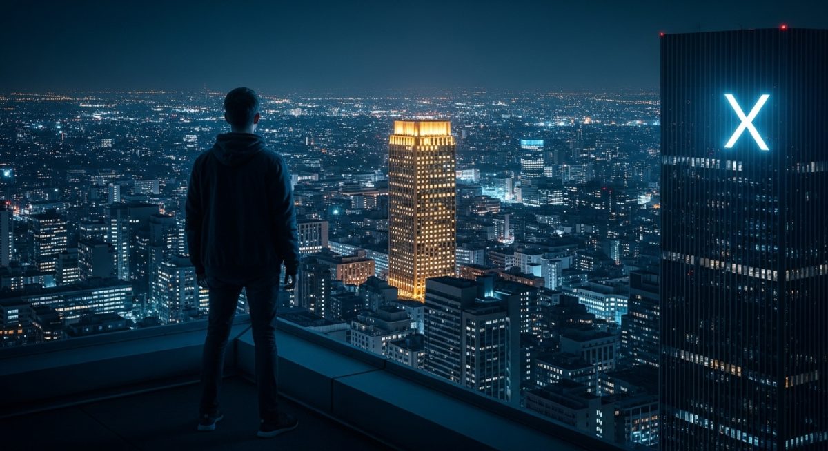 Persona de espaldas en azotea viendo ciudad nocturna con logo X