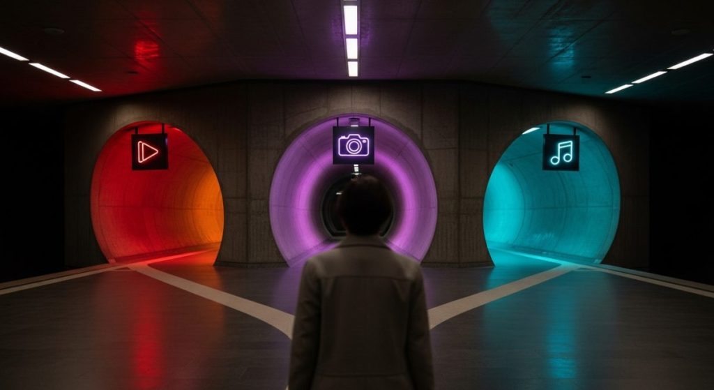 Persona de espaldas en estación de metro con túneles iluminados
