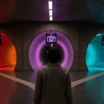 Persona de espaldas en estación de metro con túneles iluminados