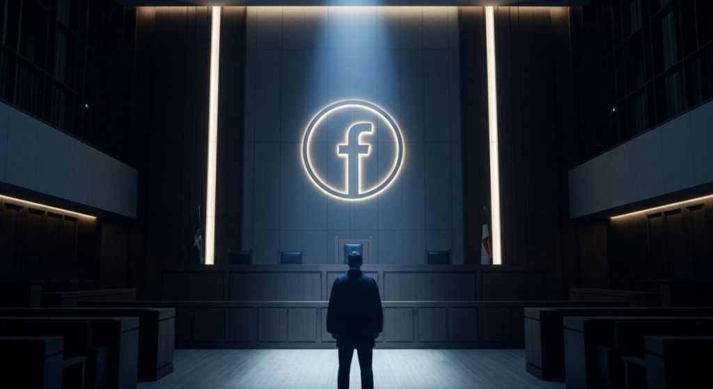 Persona de espaldas en tribunal con logo de Facebook iluminado