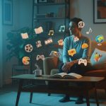 Persona en sala acogedora rodeada de iconos de contenido coloridos