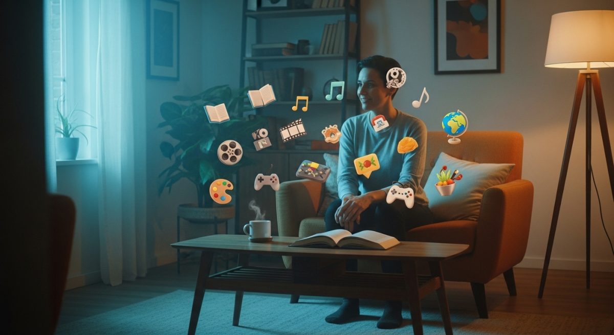 Persona en sala acogedora rodeada de iconos de contenido coloridos