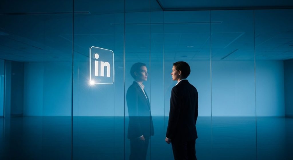 Persona en traje de negocio en oficina moderna con logo de LinkedIn