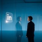Persona en traje de negocio en oficina moderna con logo de LinkedIn